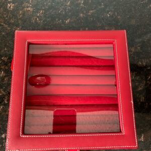 Jewelry red box, velour inside, vegan leather clear plastic screen, 9x9